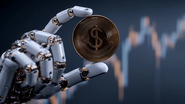 A robotic hand holding a golden coin