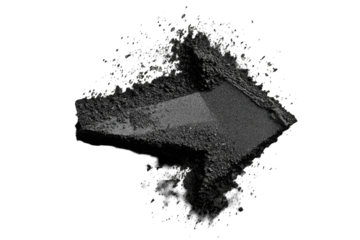 Dark gray, textured, angled block, surrounded by a cloud of small specks