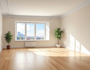 Fototapeta premium Bright apartment room with polished wood floor and city view window