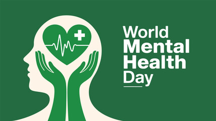 World Mental Health Day design with green ribbon, heart, hands, and medical symbols on white background, promoting care and global awareness