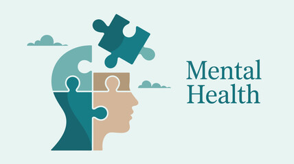 Mental Health awareness illustration with puzzle-piece human head, floating piece, cloud accents, and bold text on white background