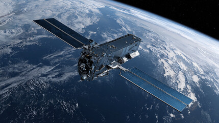 Obraz premium A satellite orbiting Earth showcasing solar panels and advanced technology against a backdrop of clouds and the planet's curvature