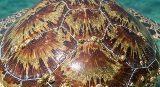 Close-up of a sea turtle shell with barnacles in clear water.