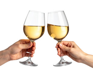 Two hands clinking wine glasses, filled with golden liquid