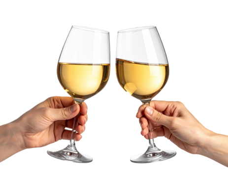 Two hands clinking wine glasses, filled with golden liquid