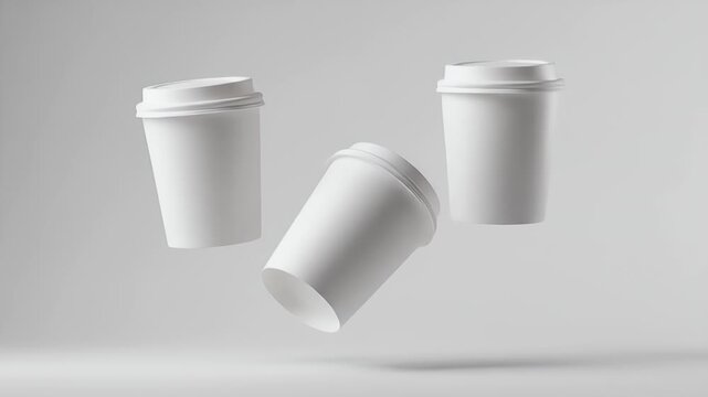 Three blank coffee cups in mid-air against a neutral background