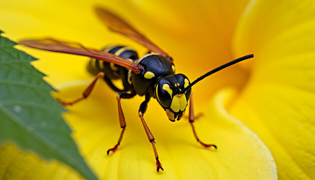 Close-up of a wasp on a vibrant yellow flower