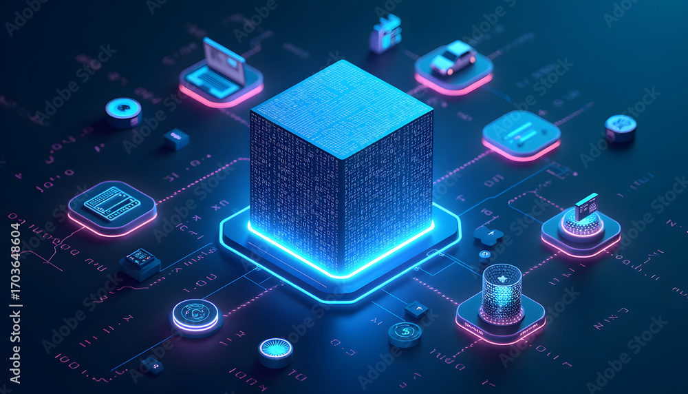 Poster futuristic data center concept with interconnected devices and a central server.