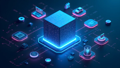 Futuristic data center concept with interconnected devices and a central server.