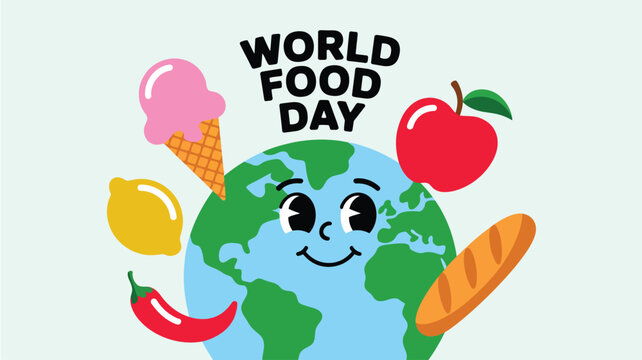 World Food Day cartoon illustration with smiling Earth and diverse food items on white background, celebrating global nutrition and awareness