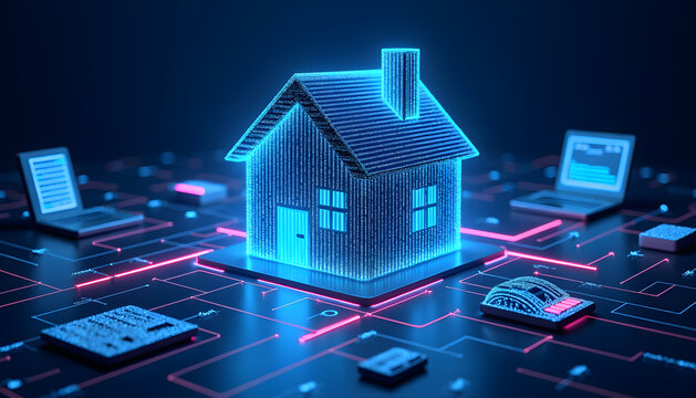 Smart home concept with a digital house and connected devices.