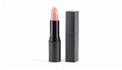 A coral lipstick in sleek black packaging sits on a white surface. Its minimalist presentation enhances the products sophisticated aesthetic. A blurred white box is in the background.