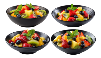 Four bowls of fresh fruit salad, each containing a mix of colorful fruits and mint leaves, are arranged on a transparent background
