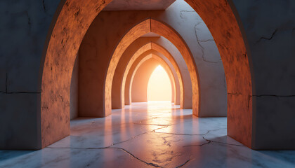 An archway hallway in an ancient building, with warm sunlight illuminating the end of the corridor. The walls are made of rough-textured stone, while the floor has intricate patterns