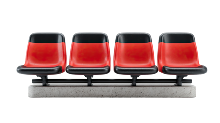 Four red and black stadium seats on a concrete base