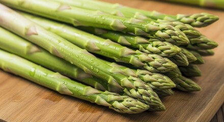 Fresh green asparagus spears on wooden cutting board surface