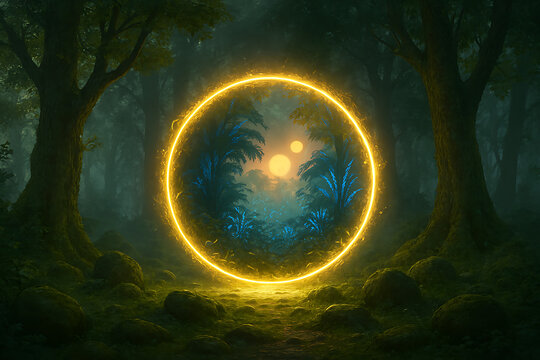 Glowing portal in enchanted forest mystical gateway fantasy landscape nature scene magical ring teleportation