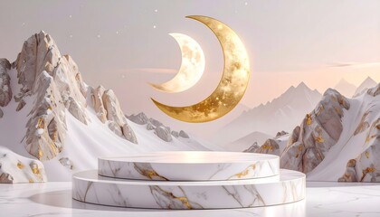 Crescent Moons Over Mountain Landscape with Marble Podium