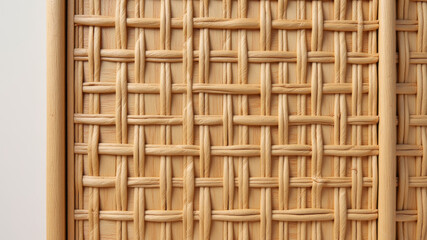 Closeup of woven wooden chair backrest with natural texture and light tone