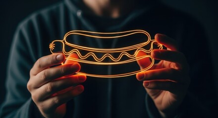 Person holding glowing neon hot dog outline in hands light