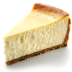 A slice of classic cheesecake with a golden-brown top and graham cracker crust