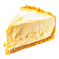 A slice of creamy cheesecake with a golden graham cracker crust, presented on a white background.