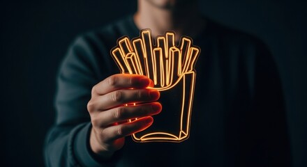 Person holding glowing neon french fries sign against dark background neon sign orange