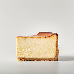 A slice of creamy cheesecake with a caramelized top and graham cracker crust, presented on a neutral background.