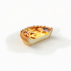A slice of baked custard tart with a golden-brown crust and caramelized top, presented on a white background.