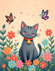 Cute cartoon cat sitting in a flower garden with butterflies
