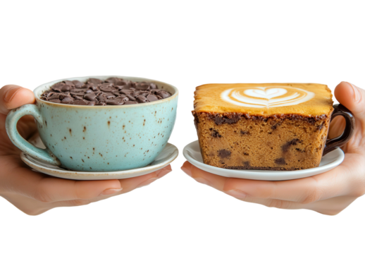Hand holding a cozy cup of chocolate drink and a slice of cake with latte art on the surface against a bright background, perfect for dessert lovers - Powered by Adobe