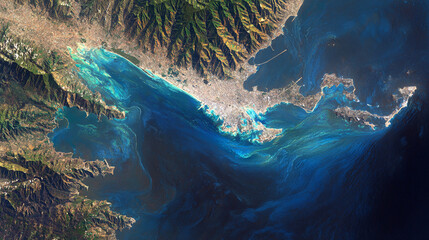 Satellite view of a coastal city nestled between mountains and a vibrant blue sea showing intricate details of land and water