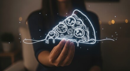 Hand holding glowing neon pizza slice with pepperoni and mushrooms light