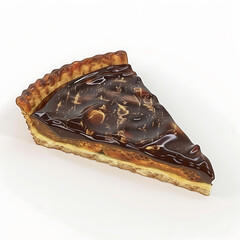 A slice of chocolate tart with a glossy glaze and flaky crust