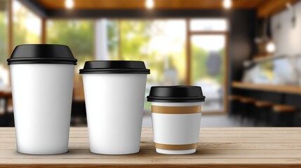 Three coffee cups of varying sizes on a wooden table