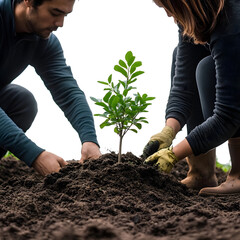 Group of volunteers planting trees in public park on sunny day. Community service caring for environment, promoting eco lifestyle. People work together planting saplings in green grass.