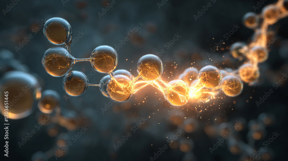 Poster glowing spheres linked together forming a complex structure energy flows between them