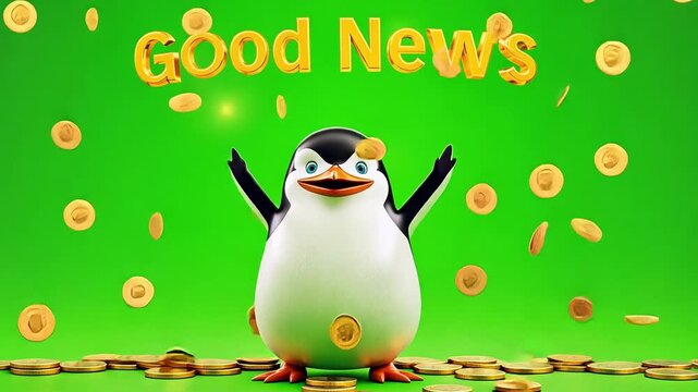 A cartoon penguin stands joyfully with arms outstretched. Gold coins fall around it against a bright green background. The text 'Good News' is displayed above.