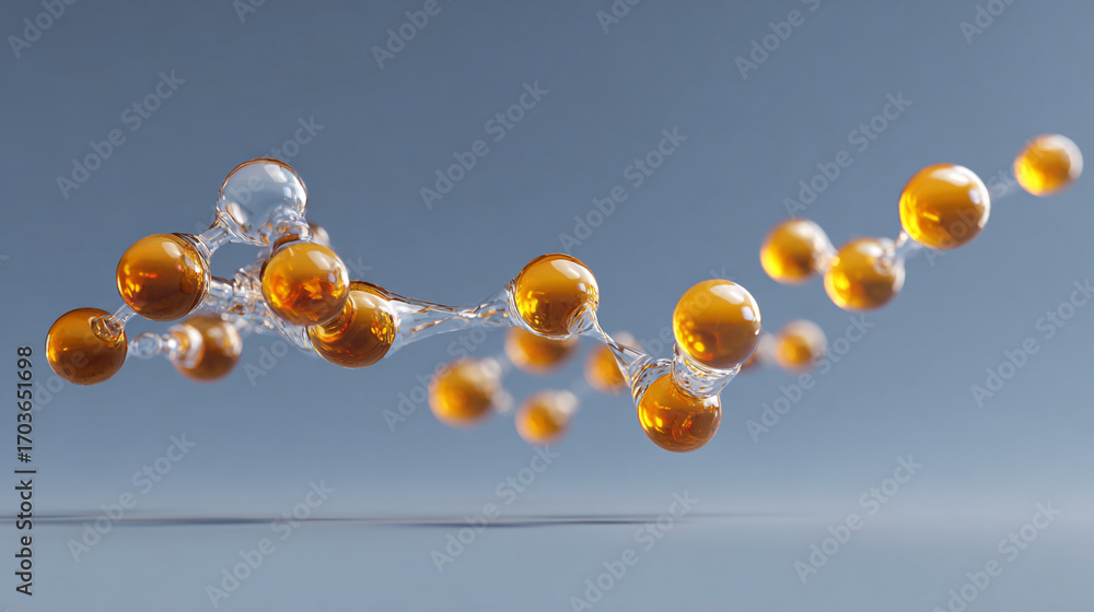 Poster abstract molecule structure with orange spheres connected by transparent filaments floating against 