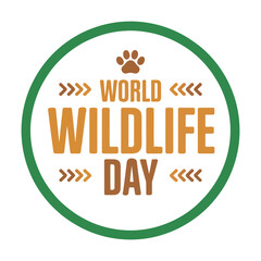 Fototapeta premium World Wildlife Day emblem with paw print icon, green circular border, and bold brown-orange typography for nature awareness and celebration