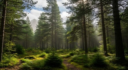 Naklejka premium Lush Forest Scene - Towering Trees and Verdant Undergrowth.