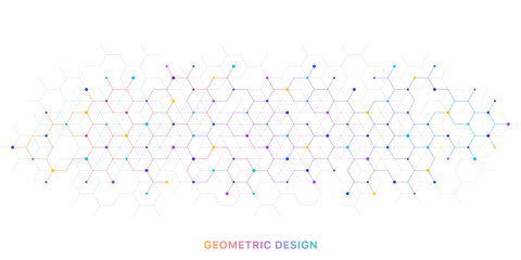 Abstract hexagonal molecular structure with colorful dots on white background