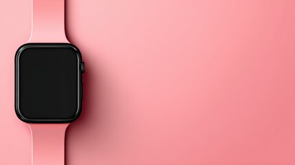 A modern smartwatch with a black screen and a pink strap placed on a soft pink background.