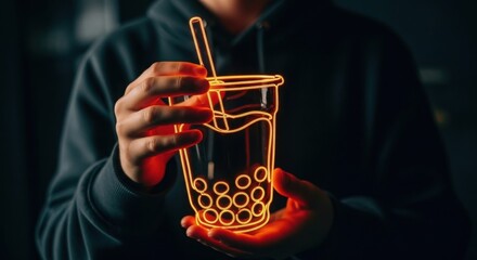 Person holding a glowing orange outline of a bubble tea drink with tapioca pearls boba tea beverage