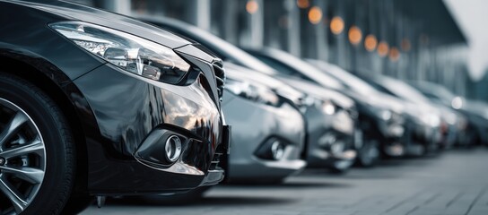Row of parked cars in a dealership