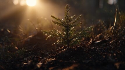 Young Black spruce tree growing in the fog
