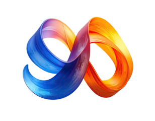 Abstract graphic design. Two swirling ribbons, vibrant blue and orange, interlocked to form an infinity symbol.  Gradient color transitions create a dynamic effect
