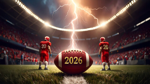 American Football 2026 super bowl wuth ball in stadium arena hit by lightning 2k 26 Happy New Year 2026