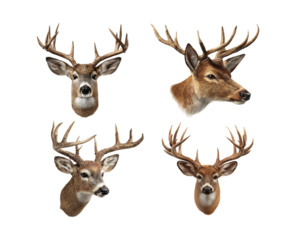 Collection of four deer heads isolated on transparent background, presenting diverse antler shapes and coat patterns for various creative projects