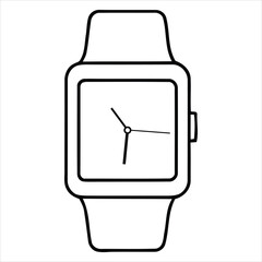 Black outline of a square faced digital smartwatch with a simple clock face digital watch black and white